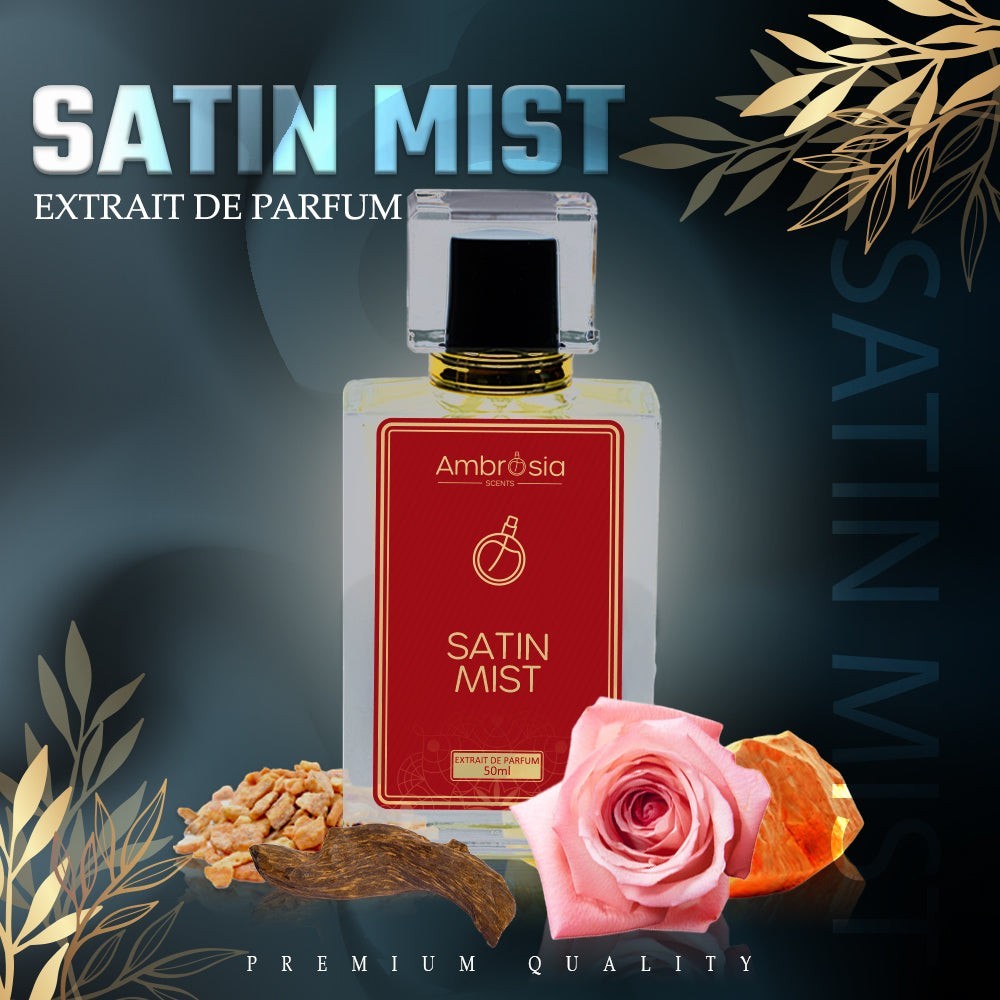 Ambrosia Scents Satin Mist Extrait de Parfum bottle with rose, oud, and amber notes. Luxurious floral and woody fragrance.