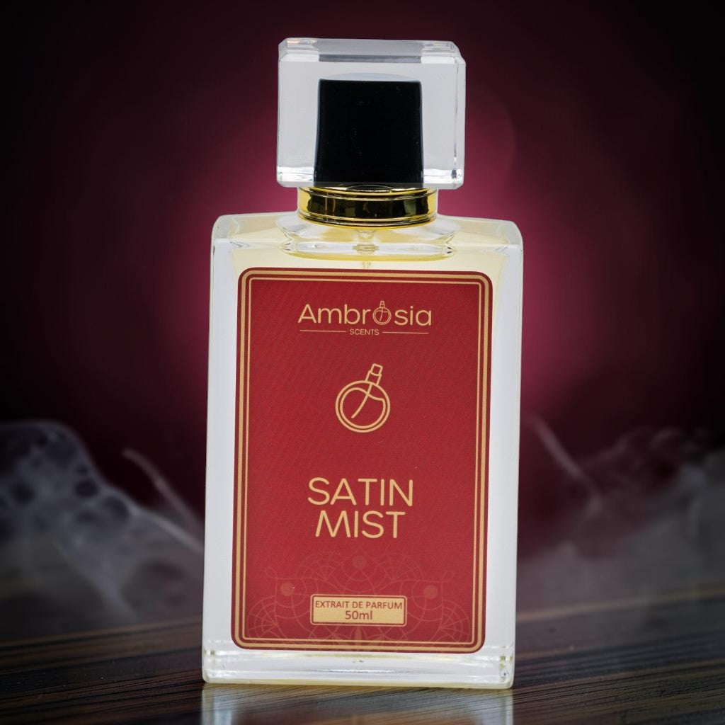 Ambrosia Scents Satin Mist perfume with notes of rose, oud, vanilla, and amber. Extrait de Parfum 50ml.