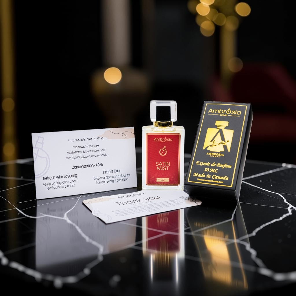 Ambrosia Scents Satin Mist perfume with notes of rose, oud, vanilla, and amber. 50ml Extrait de Parfum.