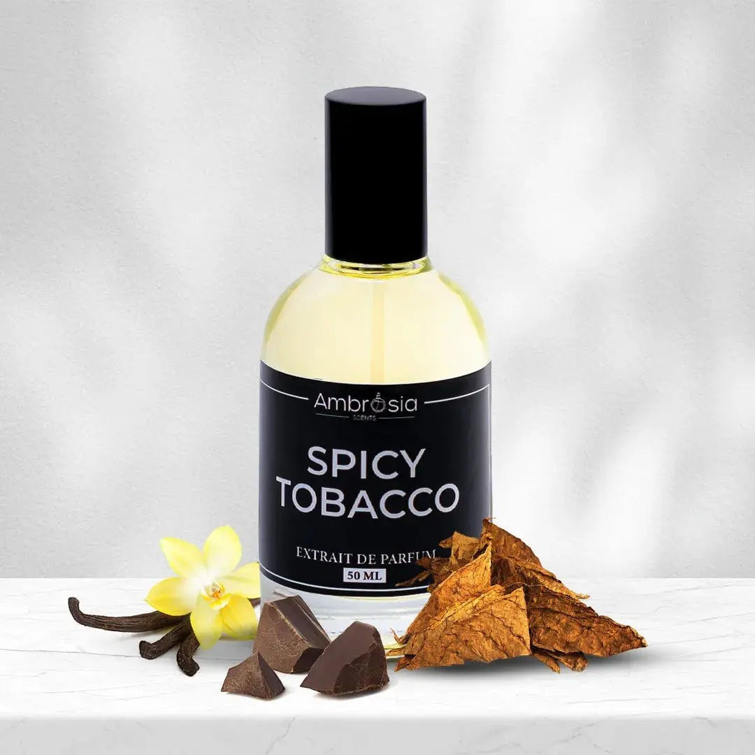 Ambrosia Scents Spicy Tobacco Extrait De Parfum 50ml bottle with tobacco leaves, vanilla, and chocolate.