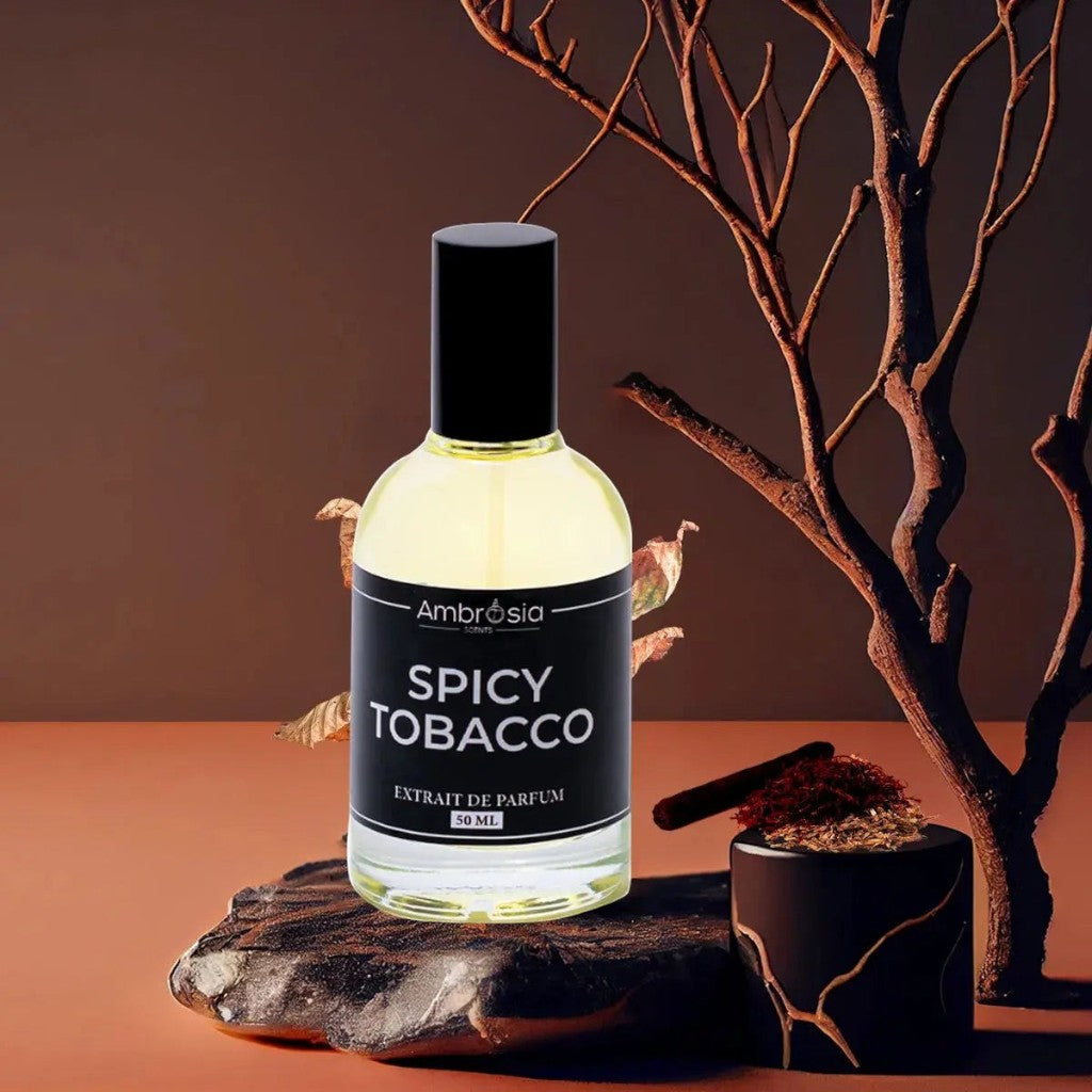 Ambrosia Scents Spicy Tobacco Extrait De Parfum 50ml bottle with notes of tobacco, vanilla, cocoa, and woods.