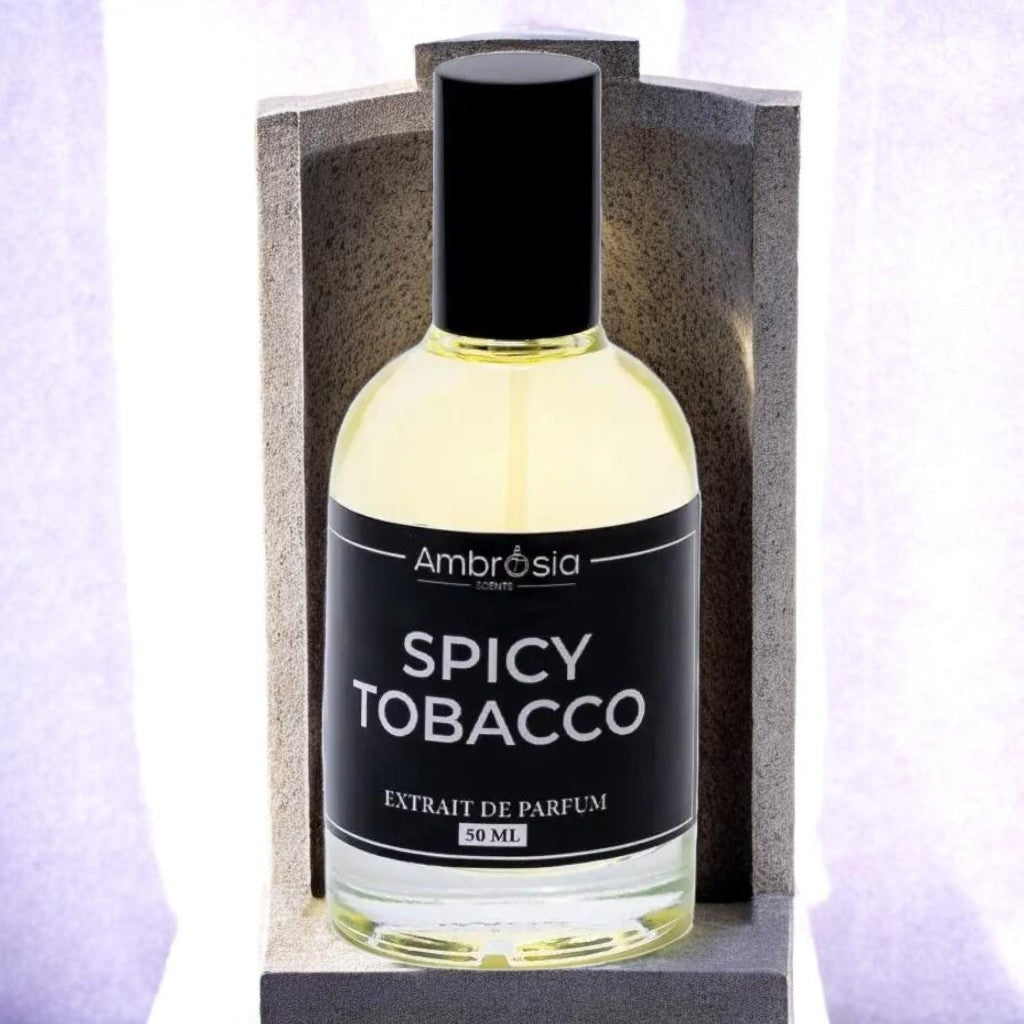 Ambrosia Scents Spicy Tobacco Extrait De Parfum 50ml bottle with notes of tobacco, vanilla, cocoa, tonka bean, dried fruits, and woods.