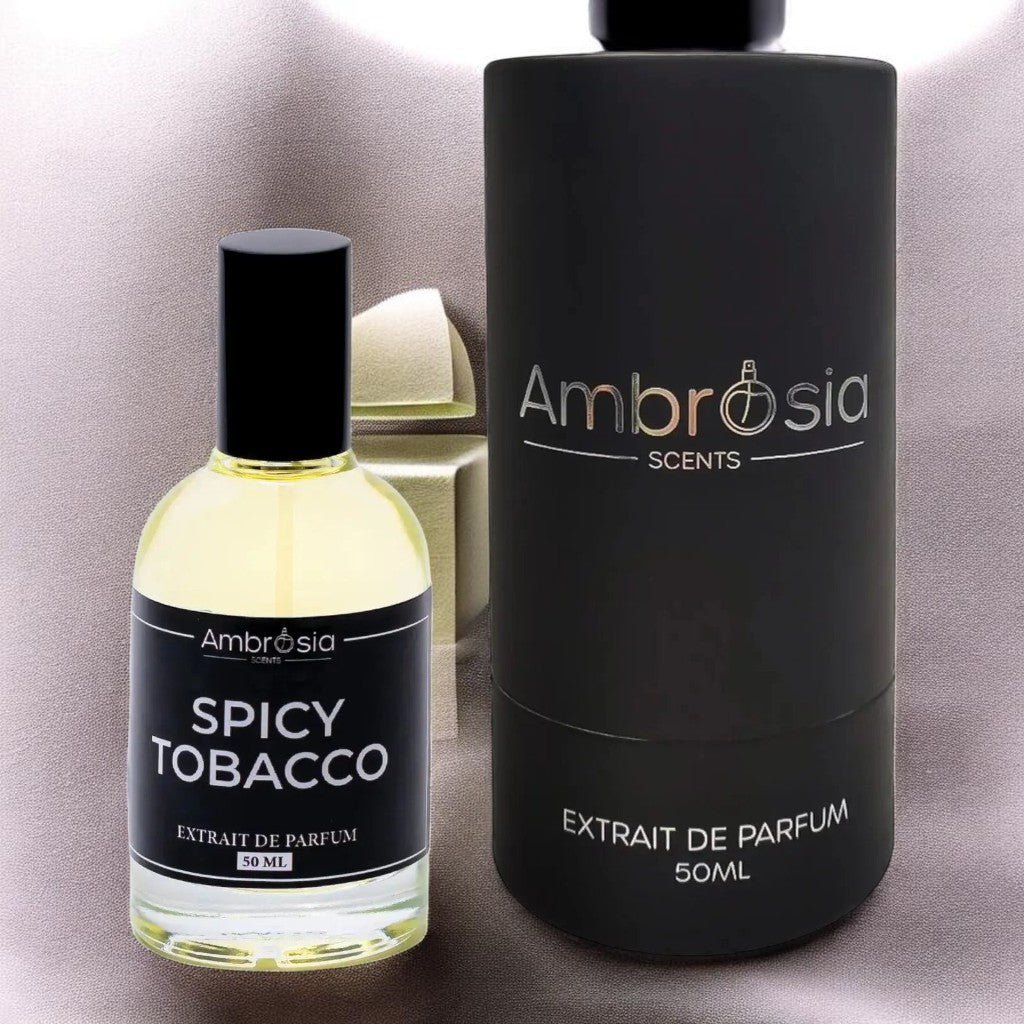 Ambrosia Scents Spicy Tobacco Extrait De Parfum 50ml bottle with notes of tobacco, vanilla, cocoa, tonka bean, dried fruits, and woods.