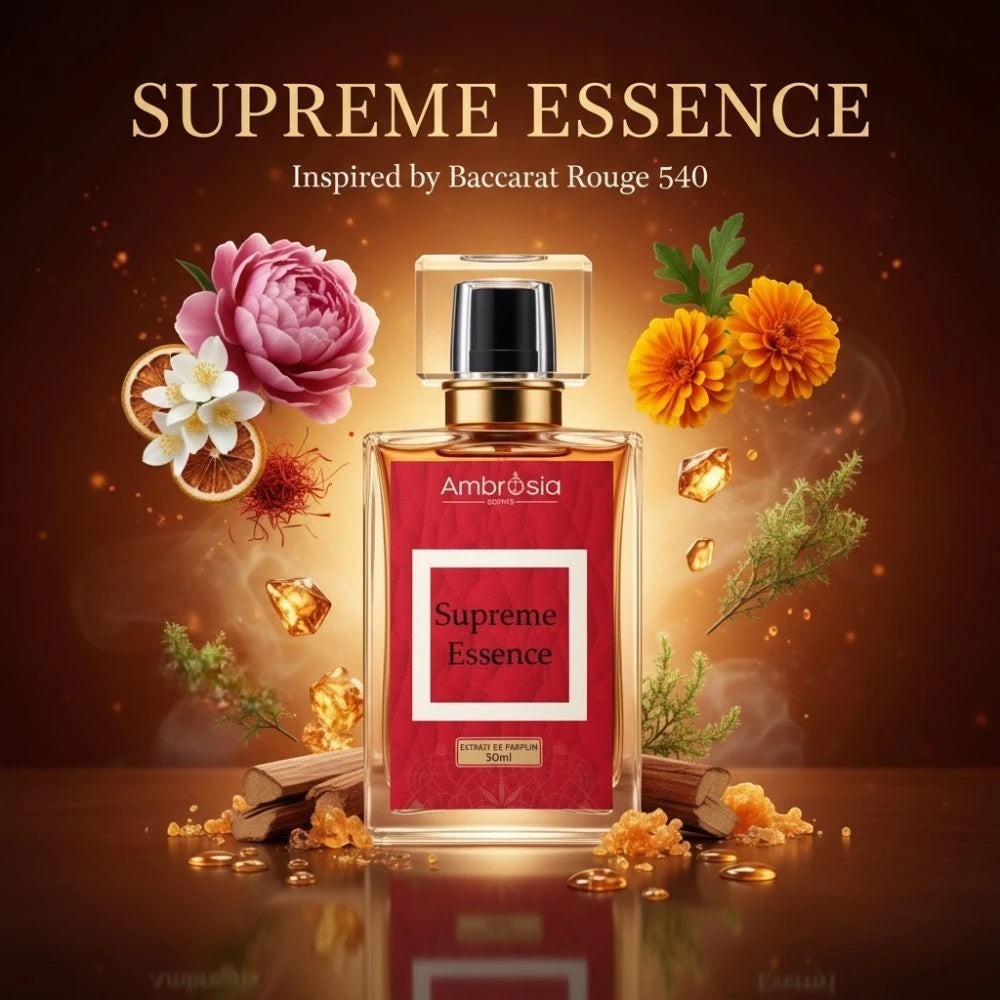 Ambrosia Scents Supreme Essence Extrait De Parfum 50ml bottle with floral and woody elements.