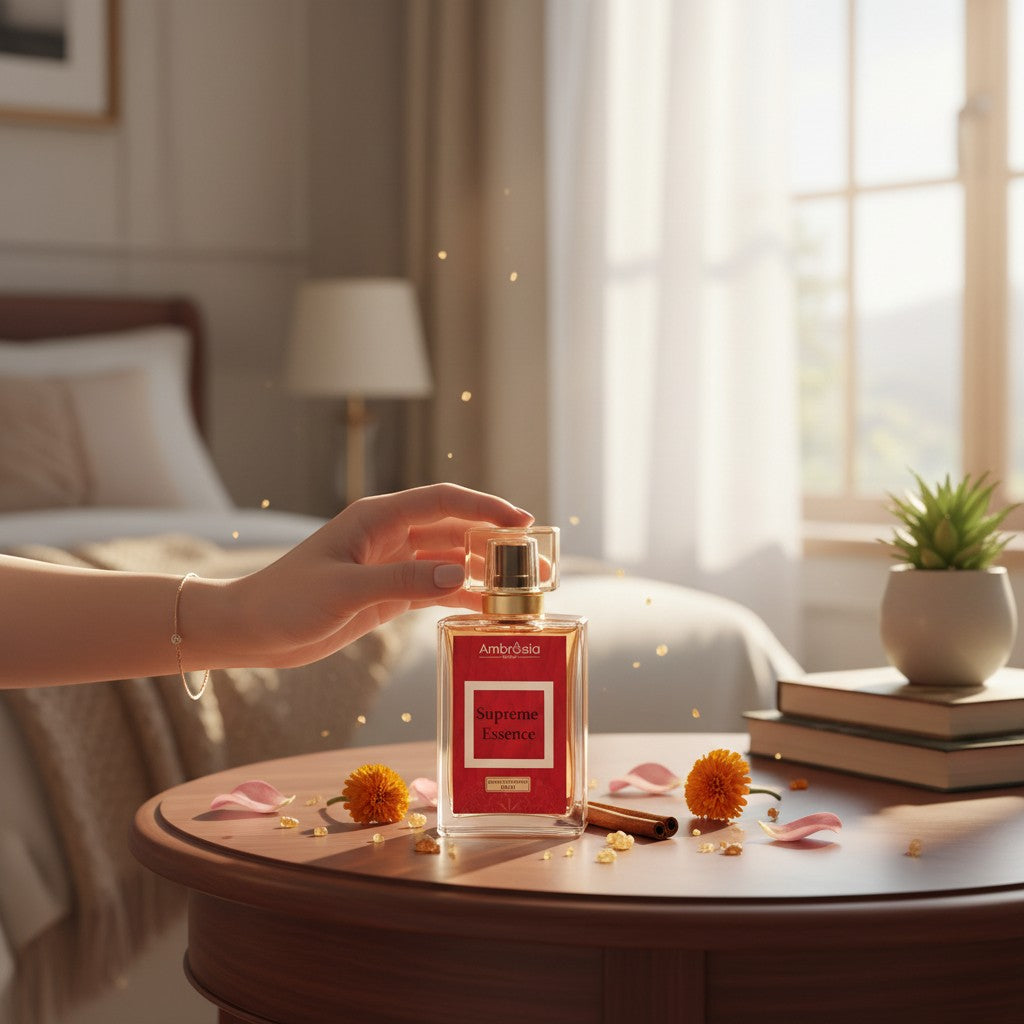 Ambrosia Scents Supreme Essence Extrait De Parfum bottle with a red label, held by a hand. Notes of jasmine, saffron, ambergris, and cedarwood.