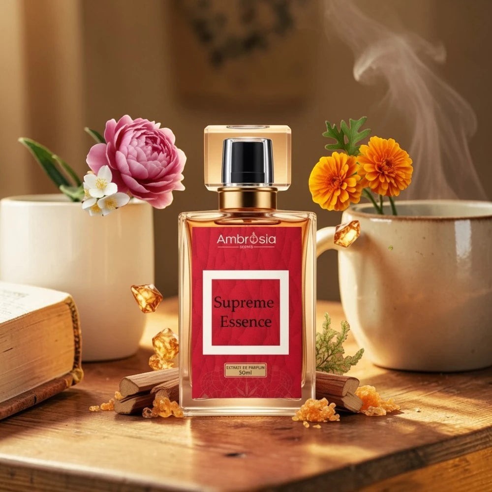 Ambrosia Scents Supreme Essence Extrait De Parfum 50ml bottle with red label, surrounded by flowers, books, and amber resin.