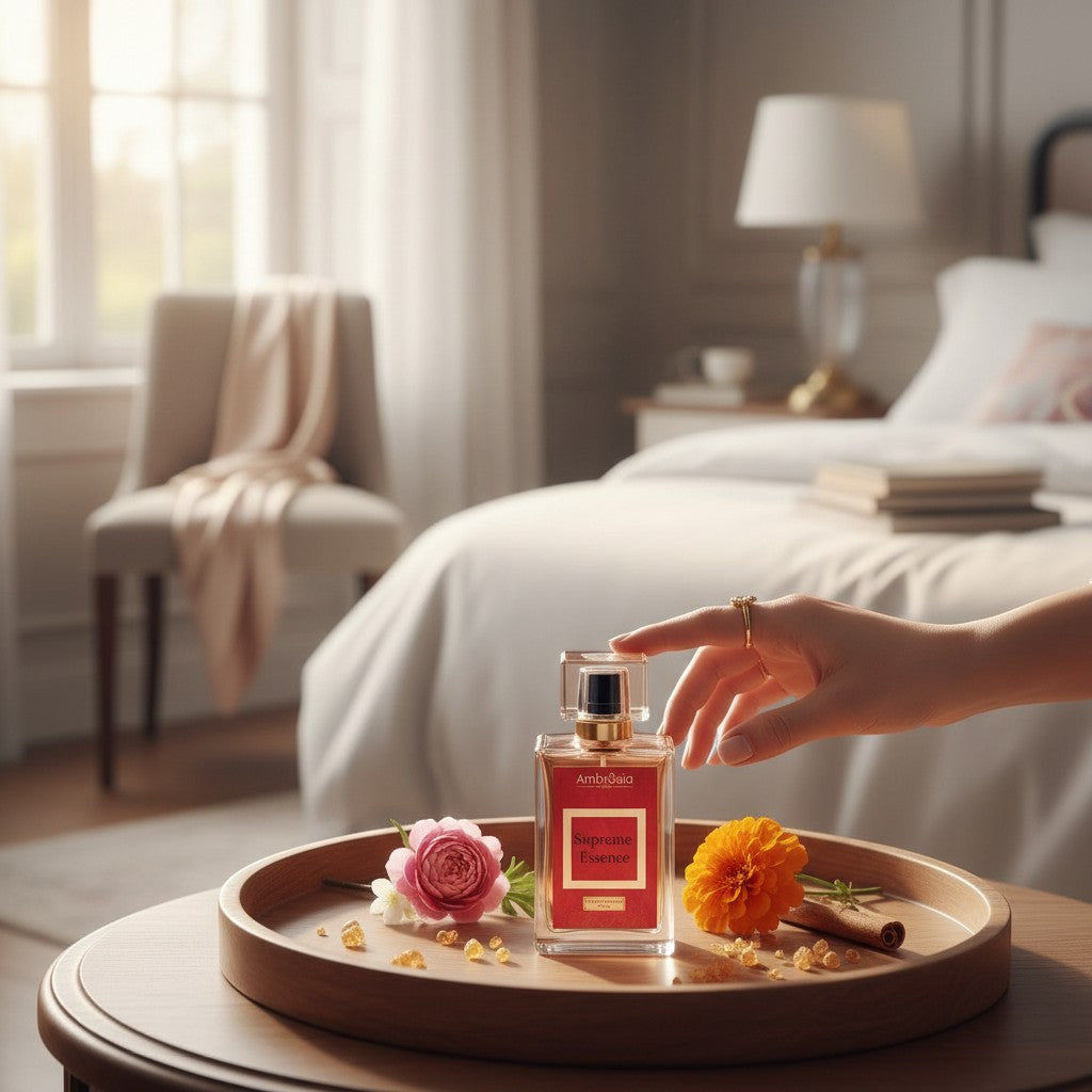 Ambrosia Scents Supreme Essence amber woody floral extrait de parfum bottle with pink rose and orange marigold.