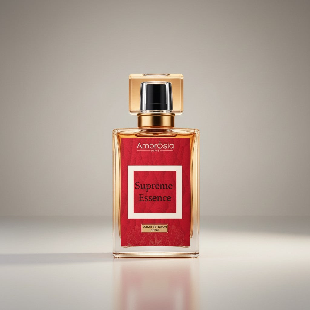 Ambrosia Scents Supreme Essence amber woody floral extrait de parfum 50ml bottle with gold cap and red label.