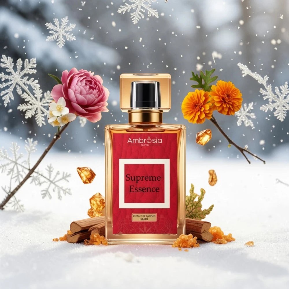 Ambrosia Scents Supreme Essence Extrait De Parfum 50ml bottle with floral and woody notes in a winter setting.