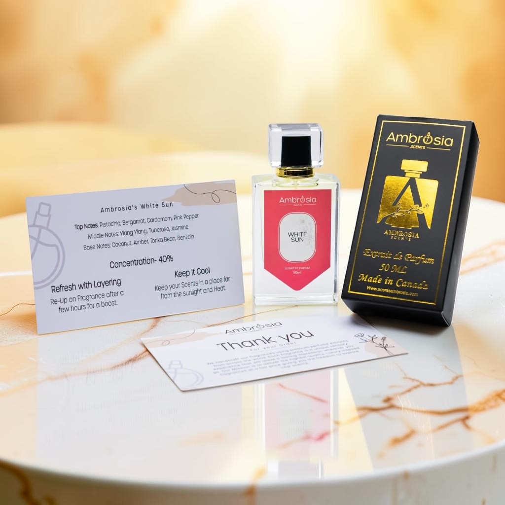 Ambrosia Scents White Sun Extrait De Parfum 50ml bottle with pistachio, bergamot, ylang-ylang, tuberose, jasmine, amber, tonka bean, and benzoin notes.