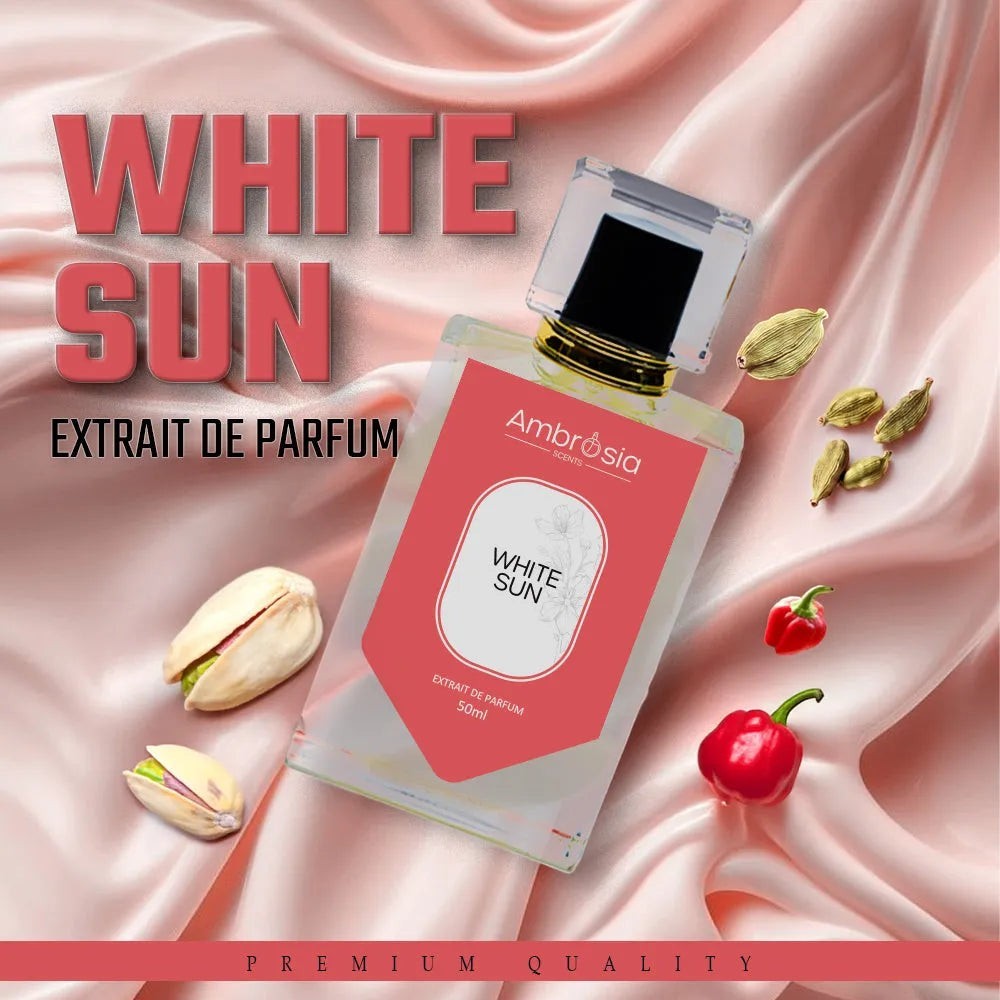 Ambrosia Scents White Sun Extrait De Parfum, a luxurious fragrance with notes of pistachio, ylang-ylang, and amber.