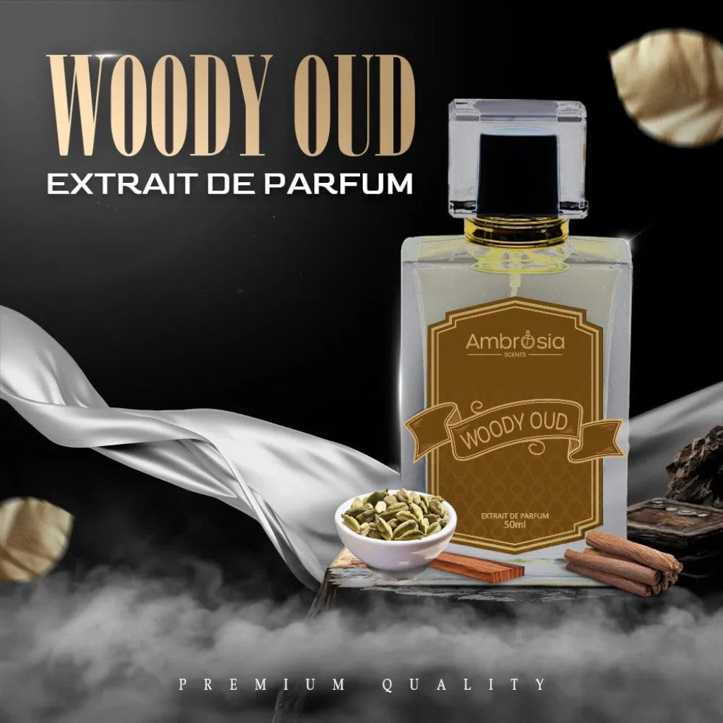 Ambrosia Scents Woody Oud Extrait De Parfum, a woody and spicy fragrance with notes of oud, sandalwood, and cardamom.