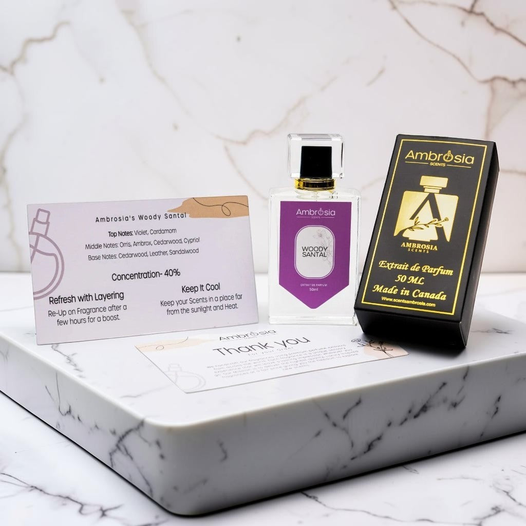 Ambrosia Scents Woody Santal perfume with notes of violet, cardamom, orris, ambrox, cedarwood, cypriol, leather, and sandalwood.