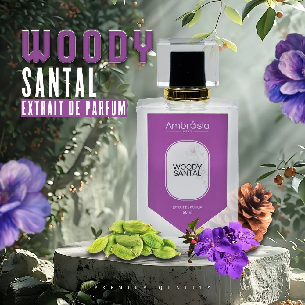 Ambrosia Scents Woody Santal Extrait de Parfum 50ml bottle with cardamom pods and purple flowers.