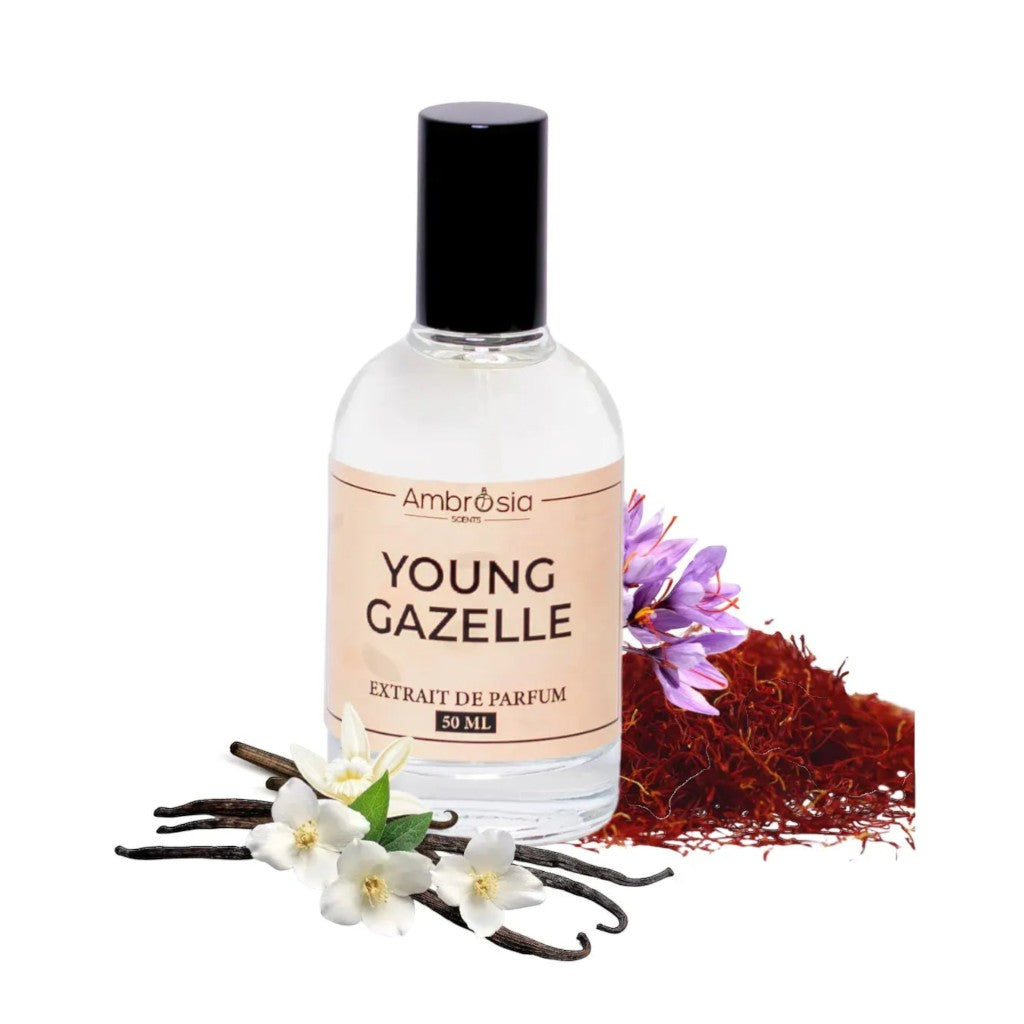 Ambrosia Scents Young Gazelle Extrait De Parfum 50ml bottle with saffron, jasmine, and vanilla notes.