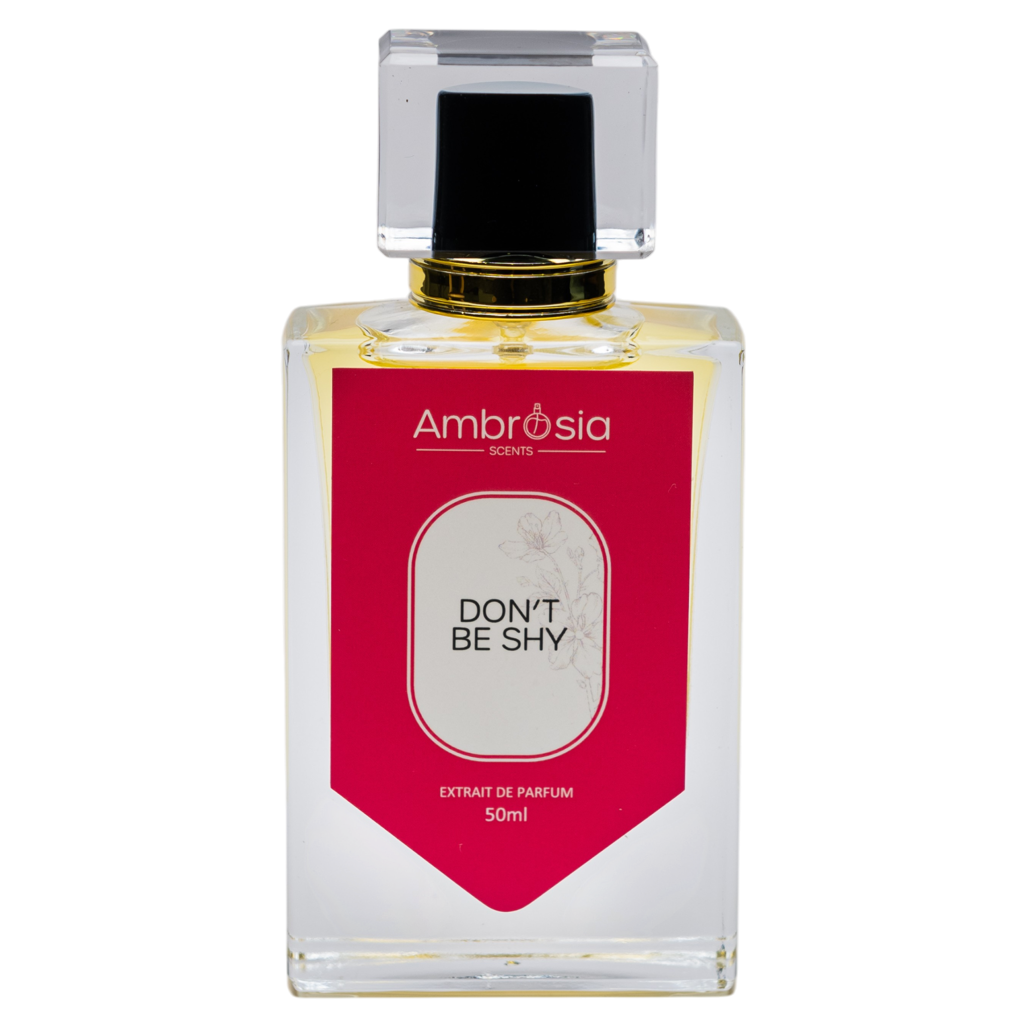 Ambrosia Scents Don't Be Shy perfume bottle, floating accent
