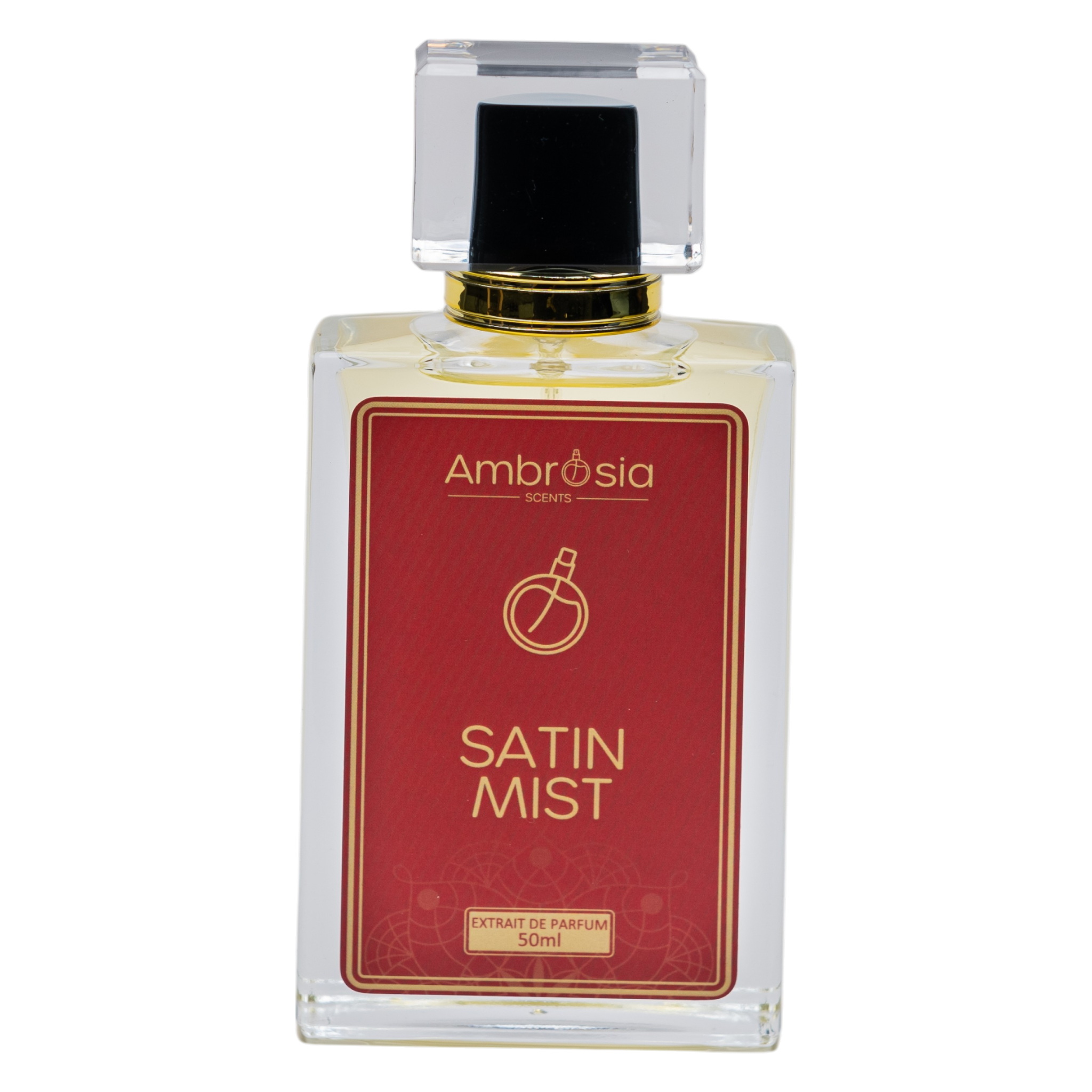 Elegant red and white glass perfume bottle styled with soft luxury lighting