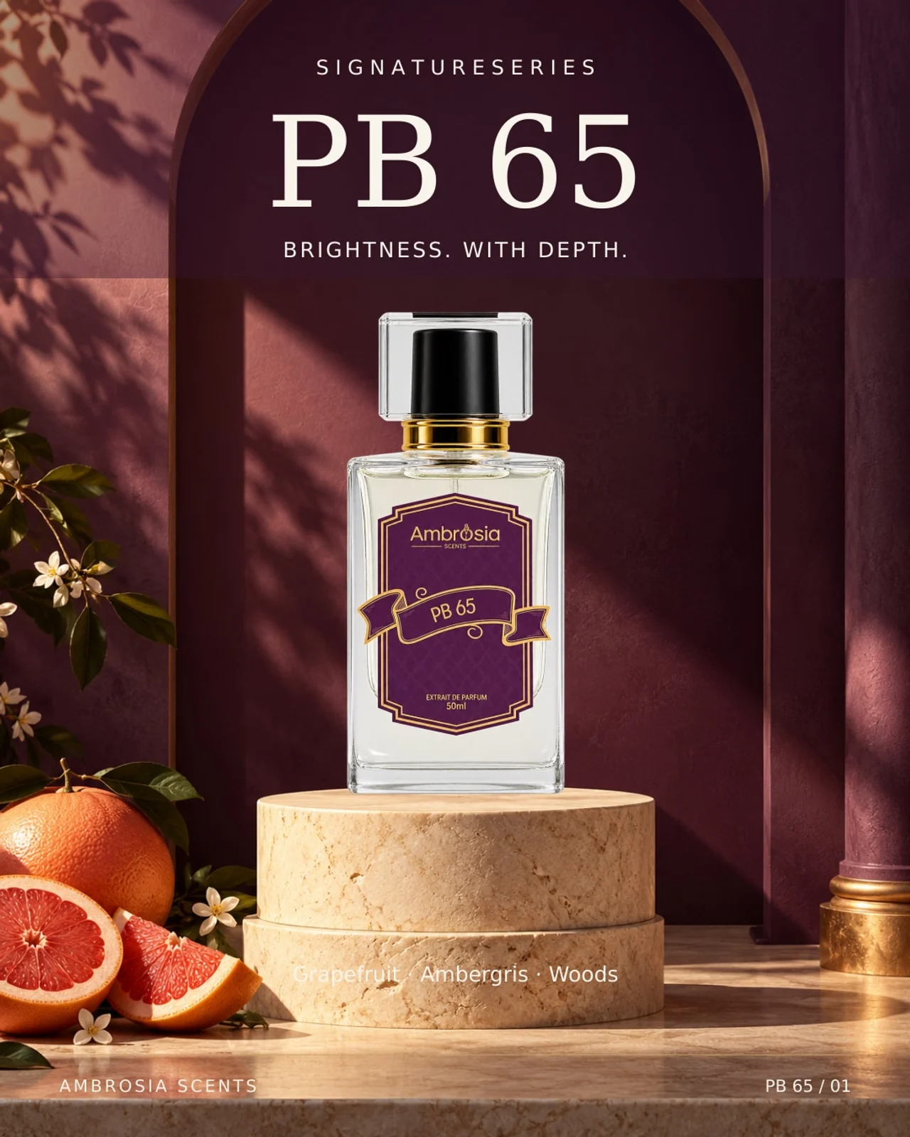 PB 65 Extrait De Parfum presentation with grapefruit and a purple backdrop